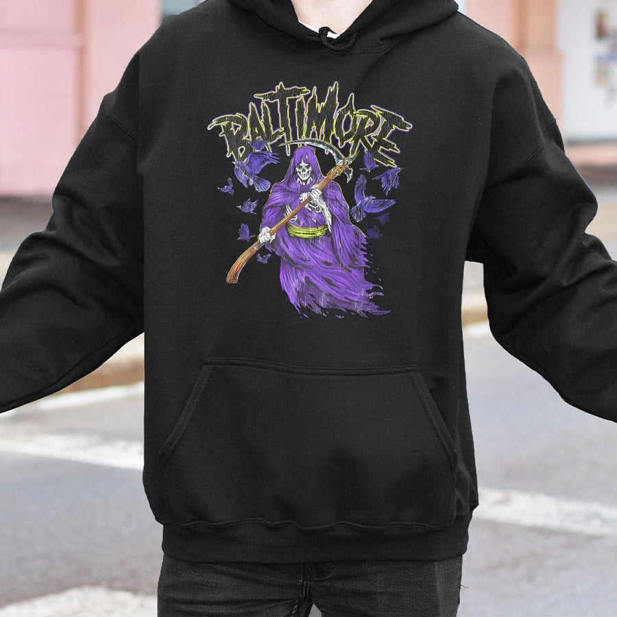 Baltimore Grim Reaper With Scythe And Ravens Hoodie