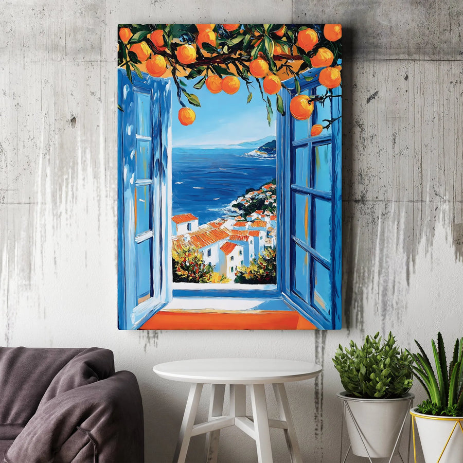 Mediterranean Window Canvas Art | Coastal Village View with Orange Trees | Premium Gallery Wrapped Print | Italian Summer Kitchen Decor Gift