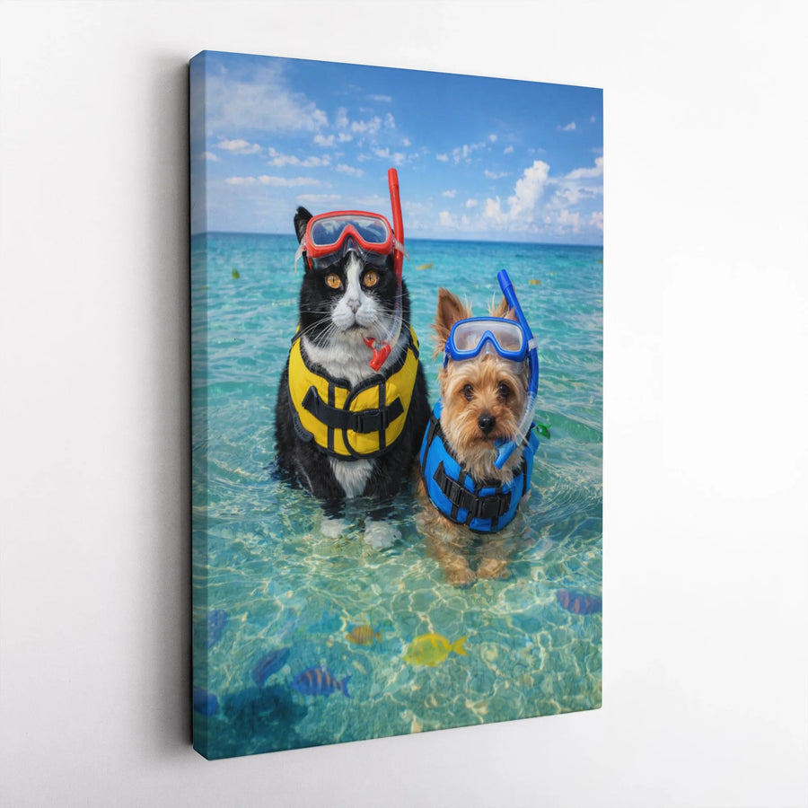 Funny Cat and Dog Canvas Art | Snorkeling Pets Tropical Beach Scene | Premium Matte Canvas Print | Humorous Wall Decor Gift for Pet Owner