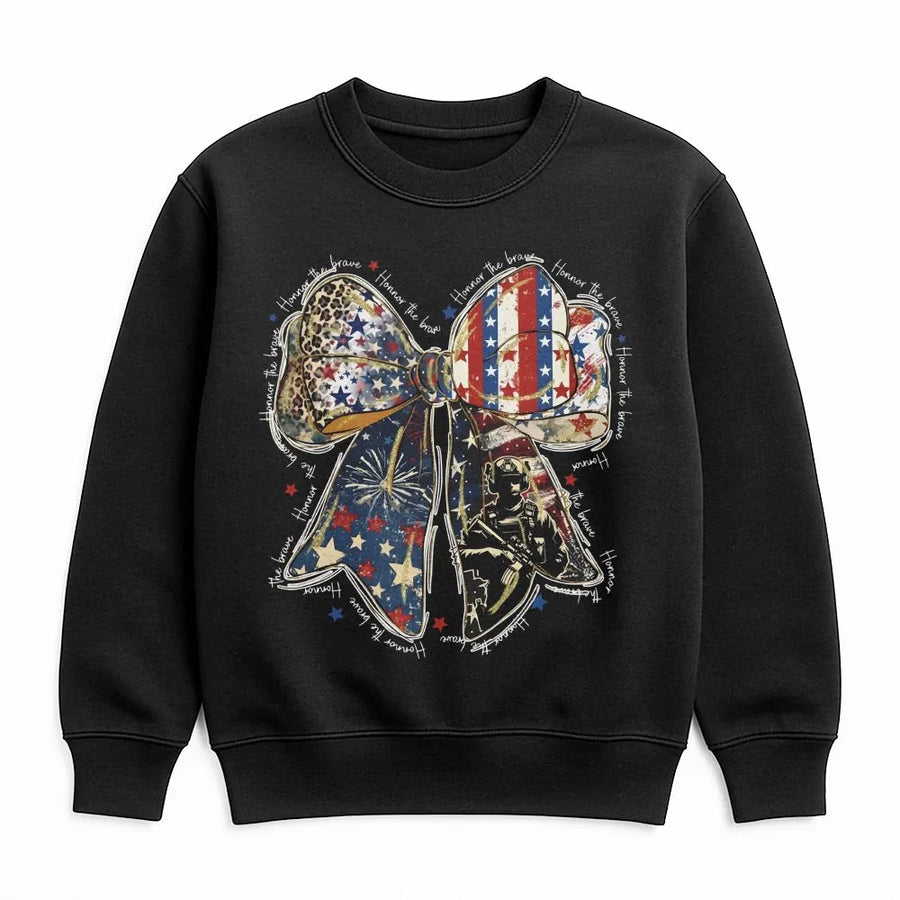 Patriotic Coquette Sweatshirt | Honor The Brave American Flag Bow Graphic | Soft Unisex Crewneck | Memorial Day & 4th of July Military Gift