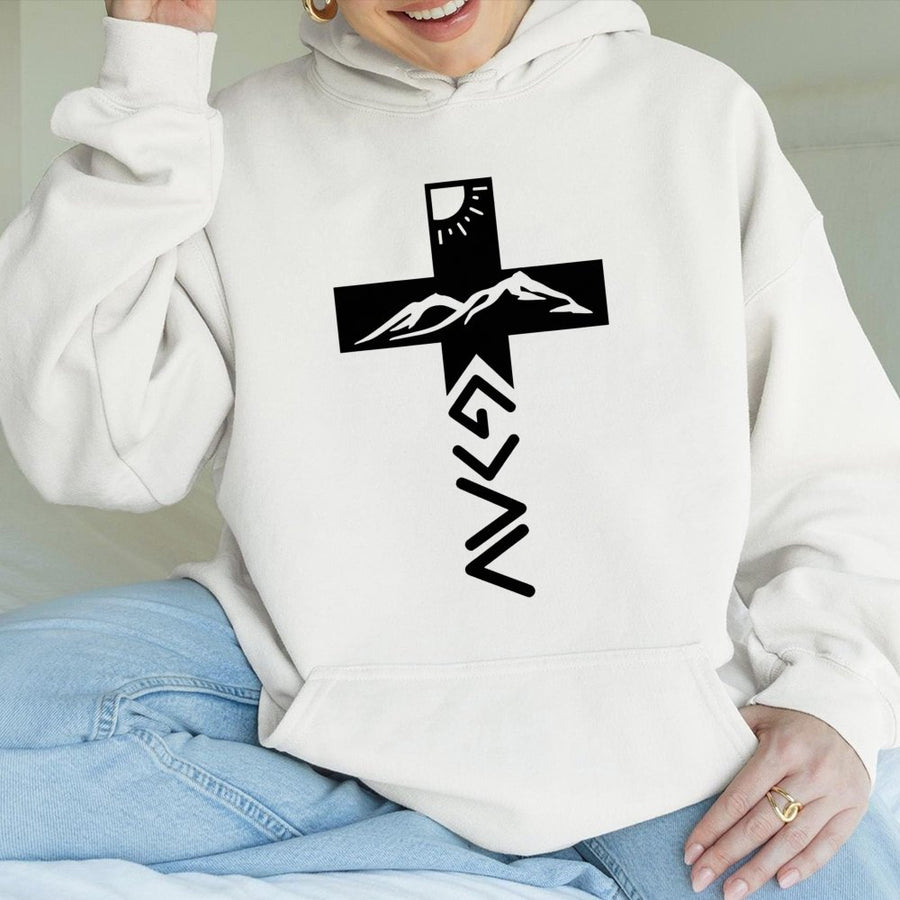 God Is Greater Than The Highs And Lows Hoodie | Christian Mountain Cross Graphic | Premium Cotton Blend | Faith-Based Religious Gift For Believers
