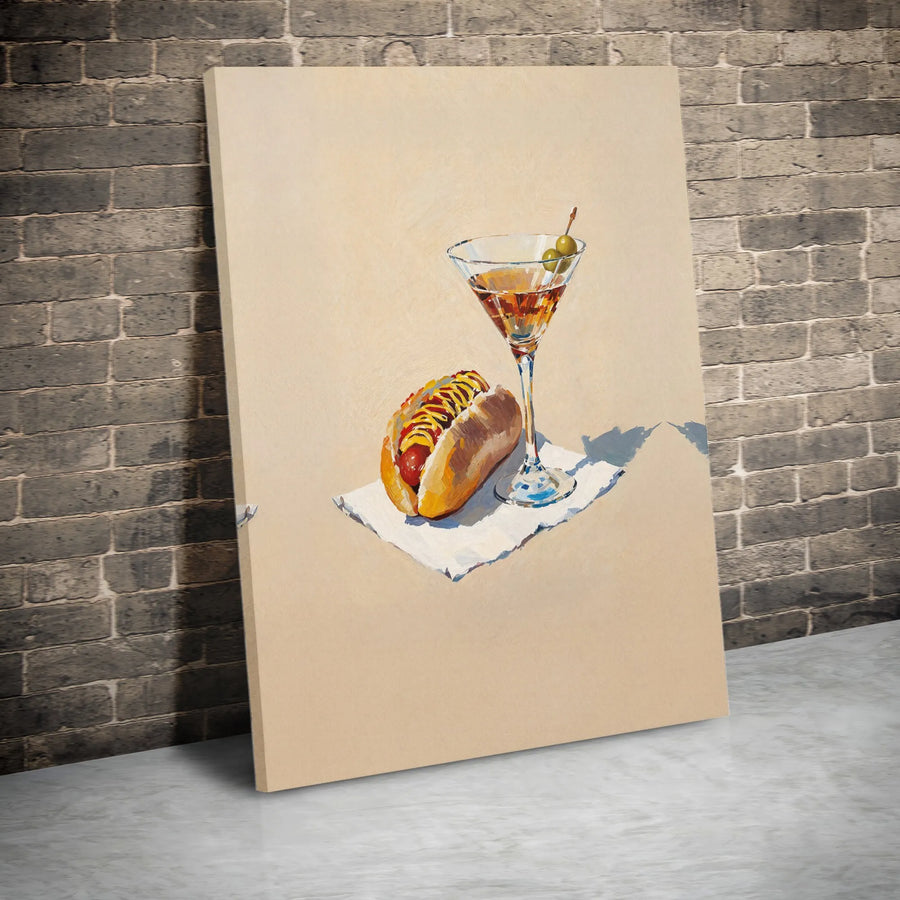Hot Dog and Martini Still Life Canvas Print | Modern Foodie Bar Art | Premium Gallery Wrapped Decor | Unique Kitchen and Dining Room Gift