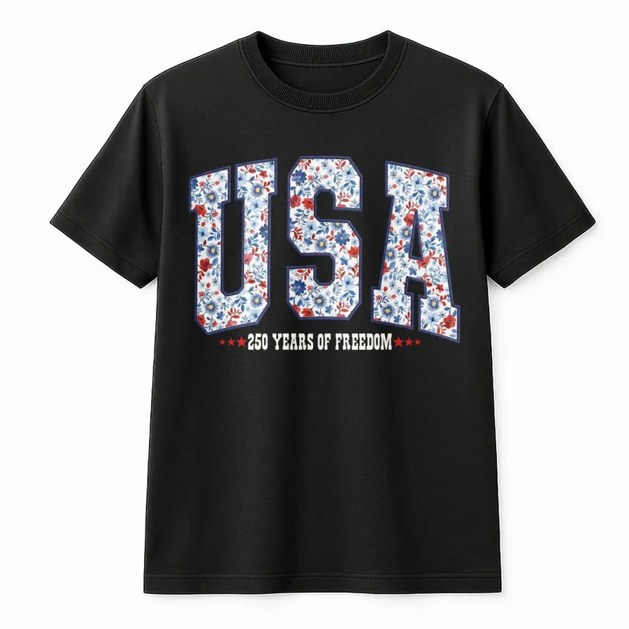 Patriotic USA T-Shirt | 250 Years of Freedom Floral Design | Cozy Crewneck Pullover | Fourth of July Gift for Women