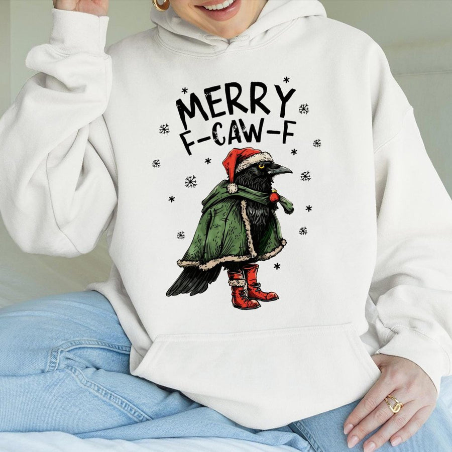 Merry F-Caw-F Christmas Hoodie | Funny Crow Santa Graphic | Premium Cotton Blend Sweatshirt | Unique Winter Holiday Gift for Bird Lovers
