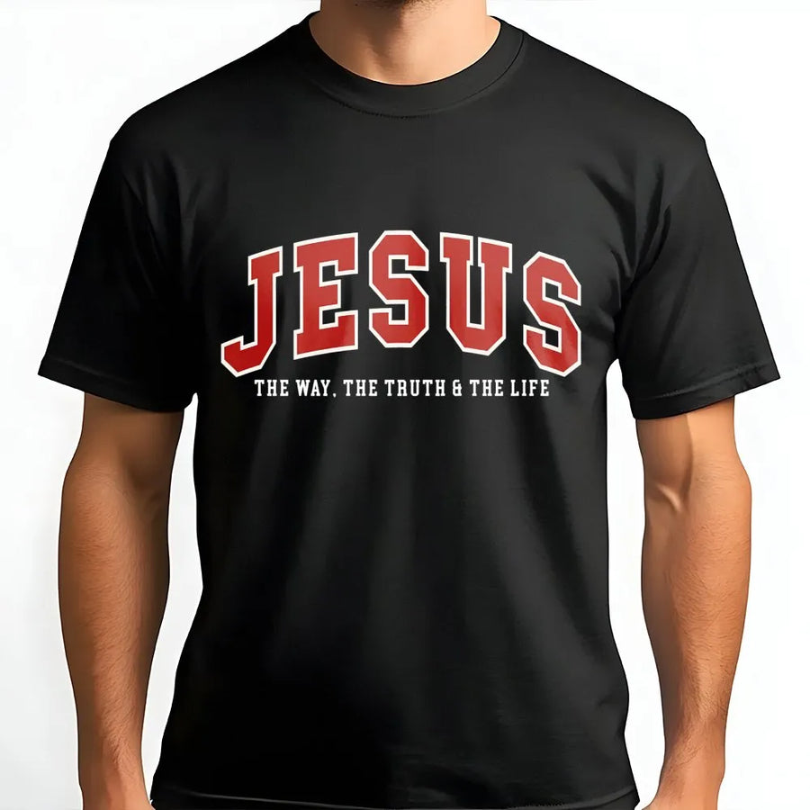 Jesus The Way The Truth And The Life T-Shirt | Varsity Lettering Christian Faith Design | Premium Cotton Unisex Apparel | Religious Scripture Gift