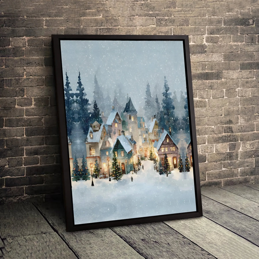 Snowy Christmas Village Canvas Wall Art | Watercolor Winter Wonderland Print | 1.25" Gallery Wrap Decor | Holiday Home Gift For Living Room