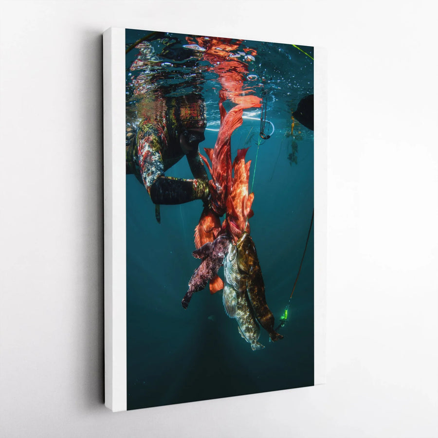 Spearfishing Wall Art | Underwater Hunter with Catch Canvas Print | Gallery-Quality Canvas | Gift for Fisherman Man Cave Decor