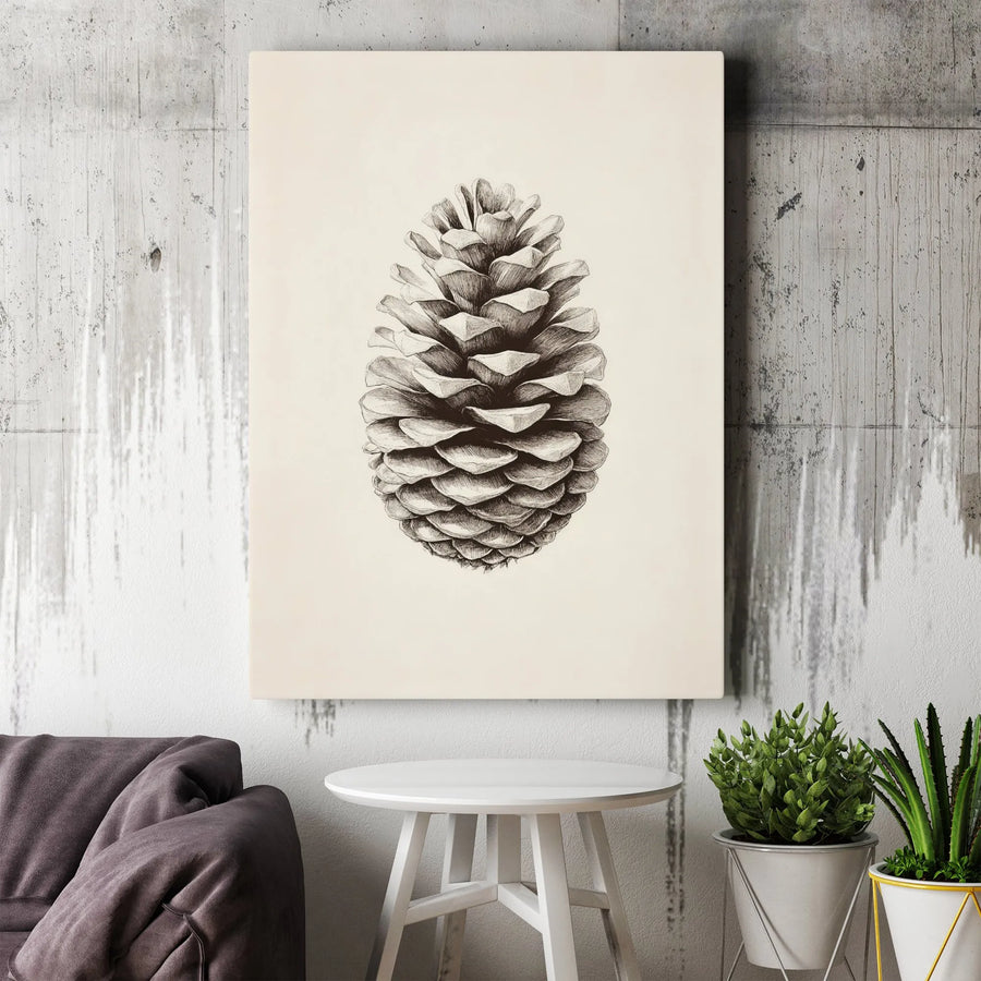 Pinecone Botanical Wall Art | Minimalist Black and White Sketch | Premium 1.25-Inch Thick Gallery Canvas | Nature Inspired Home Decor Gift