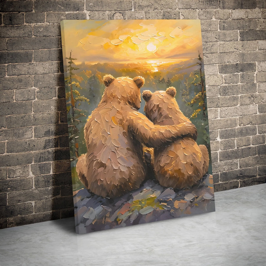 Bear Hug Canvas Wall Art | Impressionist Sunset Forest Painting | Premium Gallery Wrapped 1.25" Decor | Nature Inspired Gift for Wildlife Lovers