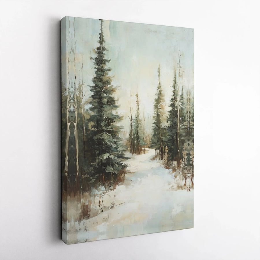 Winter Forest Canvas Wall Art | Snowy Pine Tree Path Painting | Premium Gallery Wrap Print | Serene Holiday Home Decor