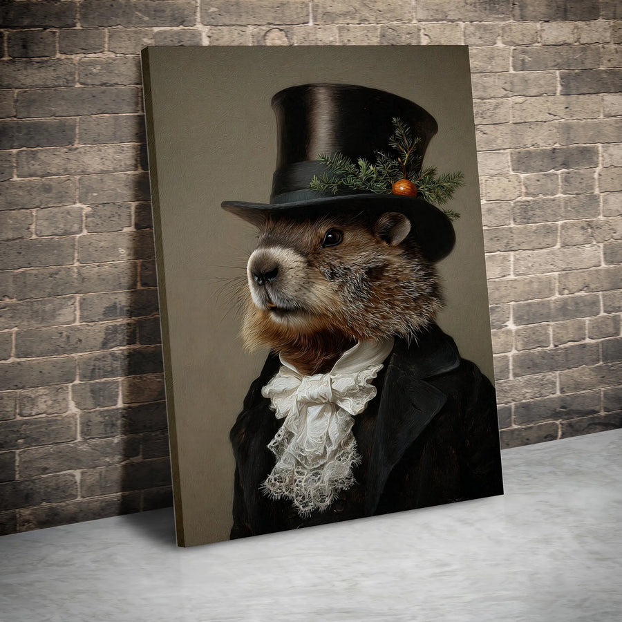 Victorian Groundhog Portrait Vertical Canvas | Gentleman Animal in Top Hat Art | Premium Frameless Wall Decor | Unique Collector's Gift