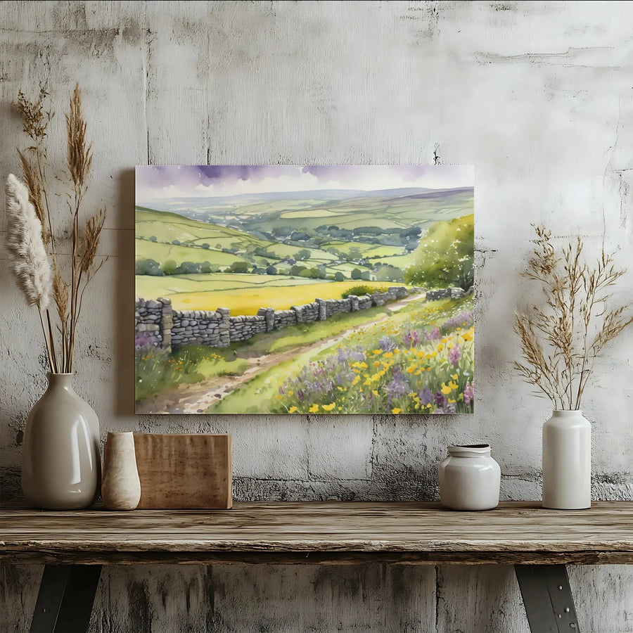 English Countryside Canvas Print | Watercolor Landscape with Wildflowers & Stone Wall | Premium Fade-Resistant Wall Art | Rustic Farmhouse Decor Gift