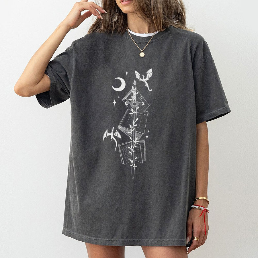 Fantasy Dragon Rider T-Shirt | Bookish Sword and Moon Aesthetic Graphic | 100% Soft Cotton Premium Tee | Gift for Fantasy Readers and Book Lovers