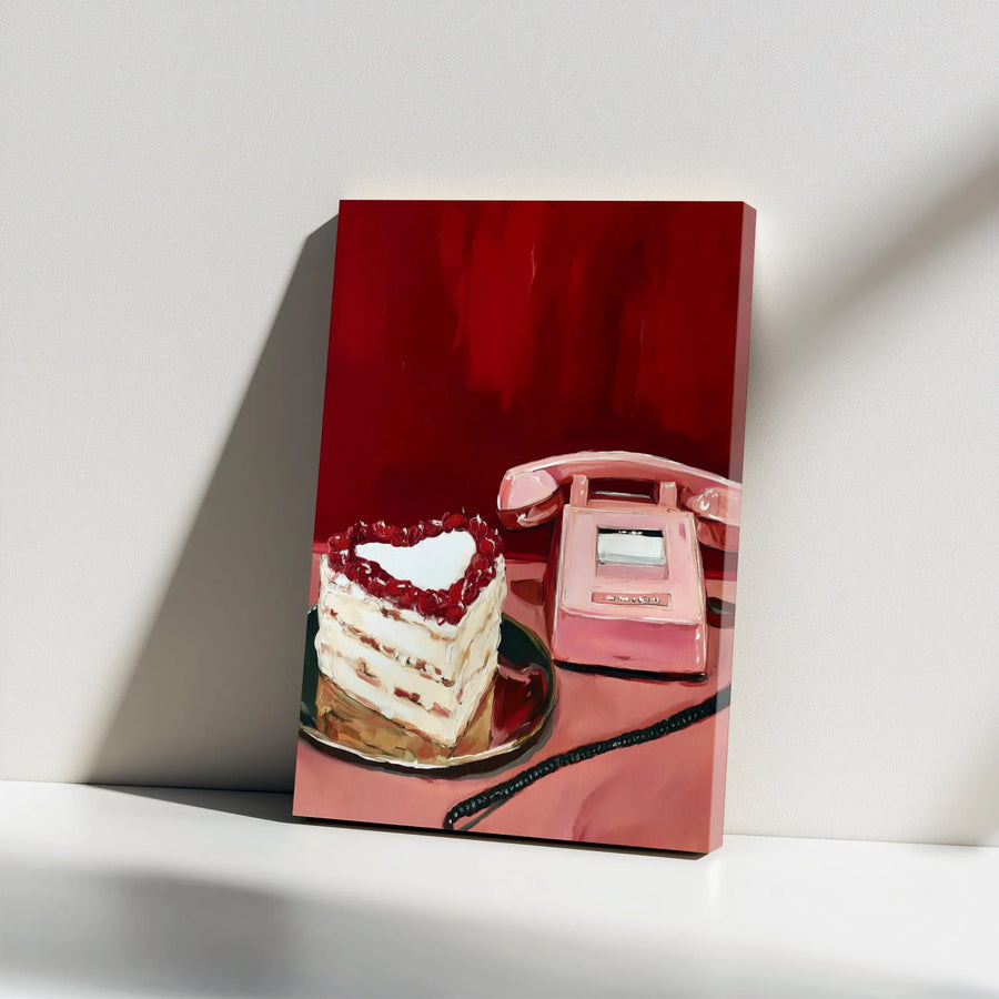 Heart Cake and Vintage Phone Canvas Wall Art | Retro Aesthetic Pink Decor | Premium Gallery Wrap Print | Romantic Bedroom Gift Idea