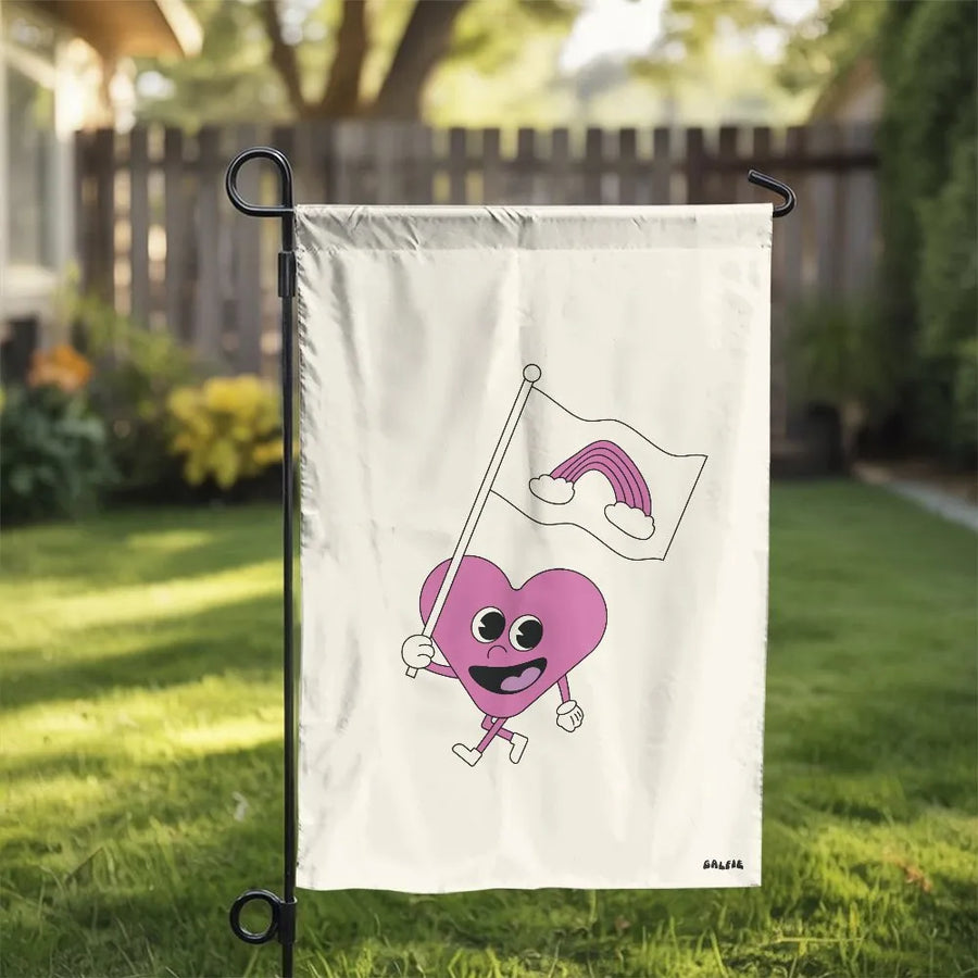 Love Wins Garden Flag | Retro Cartoon Heart with Rainbow | Weather-Resistant Double-Sided | LGBTQ+ Ally Yard Decor Gift