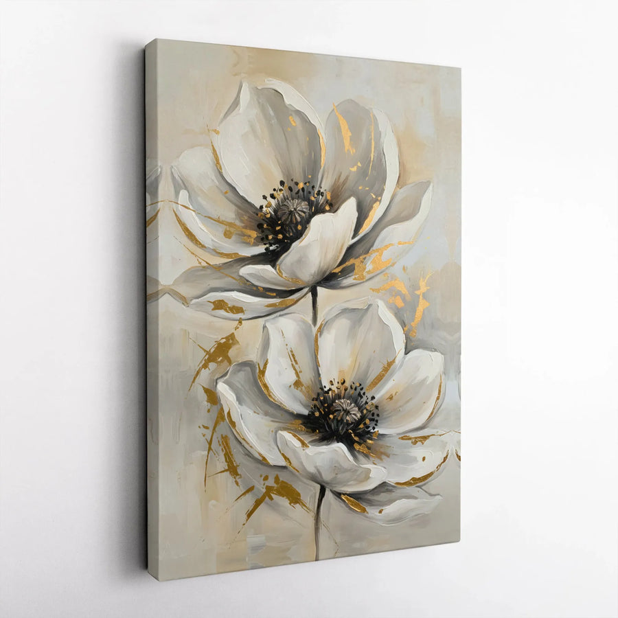 Floral Canvas Wall Art | White Botanical Painting Print with Gold Accents | Premium Gallery Wrap Canvas | Modern Living Room Decor Gift