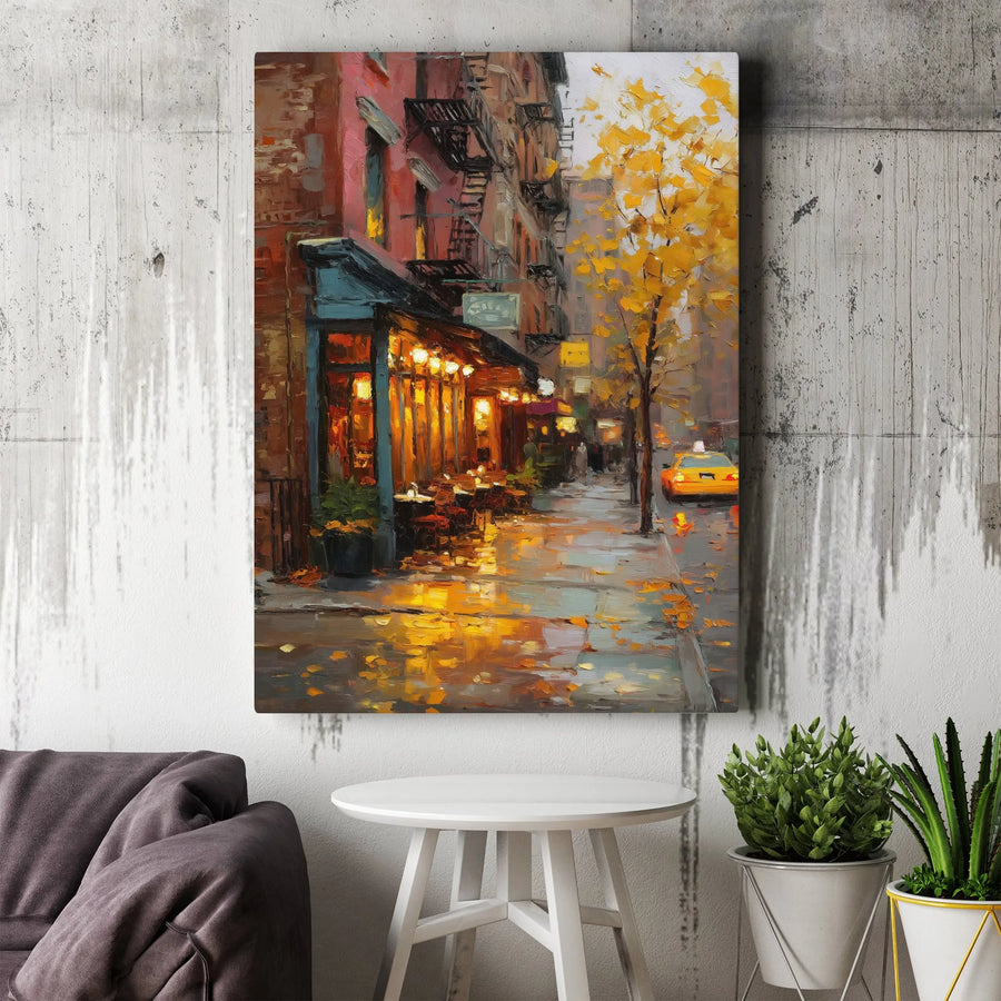 New York City Street Canvas Print | Rainy Autumn Cafe With Yellow Taxi | Gallery-Quality Fade-Resistant Wall Art | Sophisticated Home Decor Gift