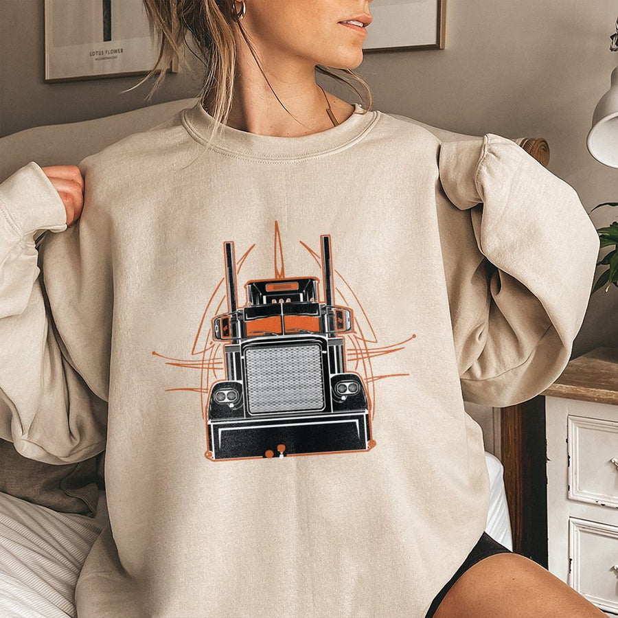 Semi Truck Graphic Sweatshirt | Vintage Pinstripe Big Rig Design | Premium Cotton Blend | Gift For Trucker, Diesel Driver, Truck Enthusiast