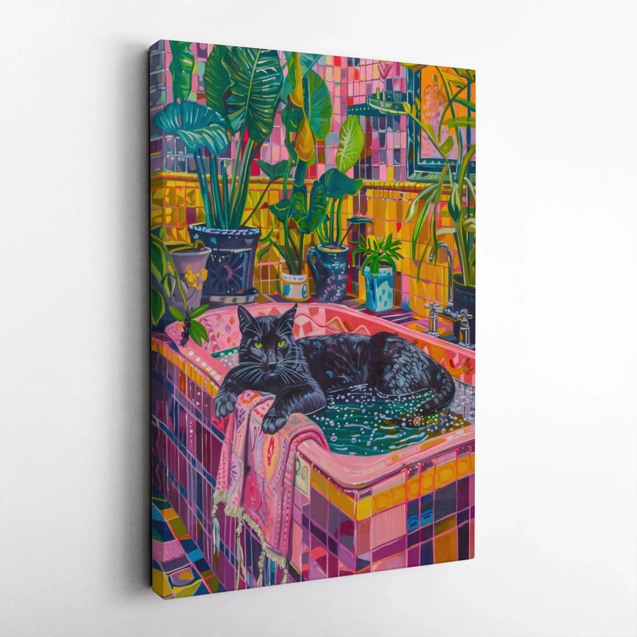 Black Cat Canvas Wall Art | Vibrant Bathroom with Houseplants | Premium Gallery Style Canvas | Collector's Gift for Cat & Plant Lovers