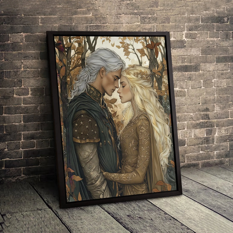 Fantasy Elf Couple Wall Art | Romantic Autumn Forest Painting | Premium Gallery Canvas | Magical Home Decor Gift for Fantasy Lovers