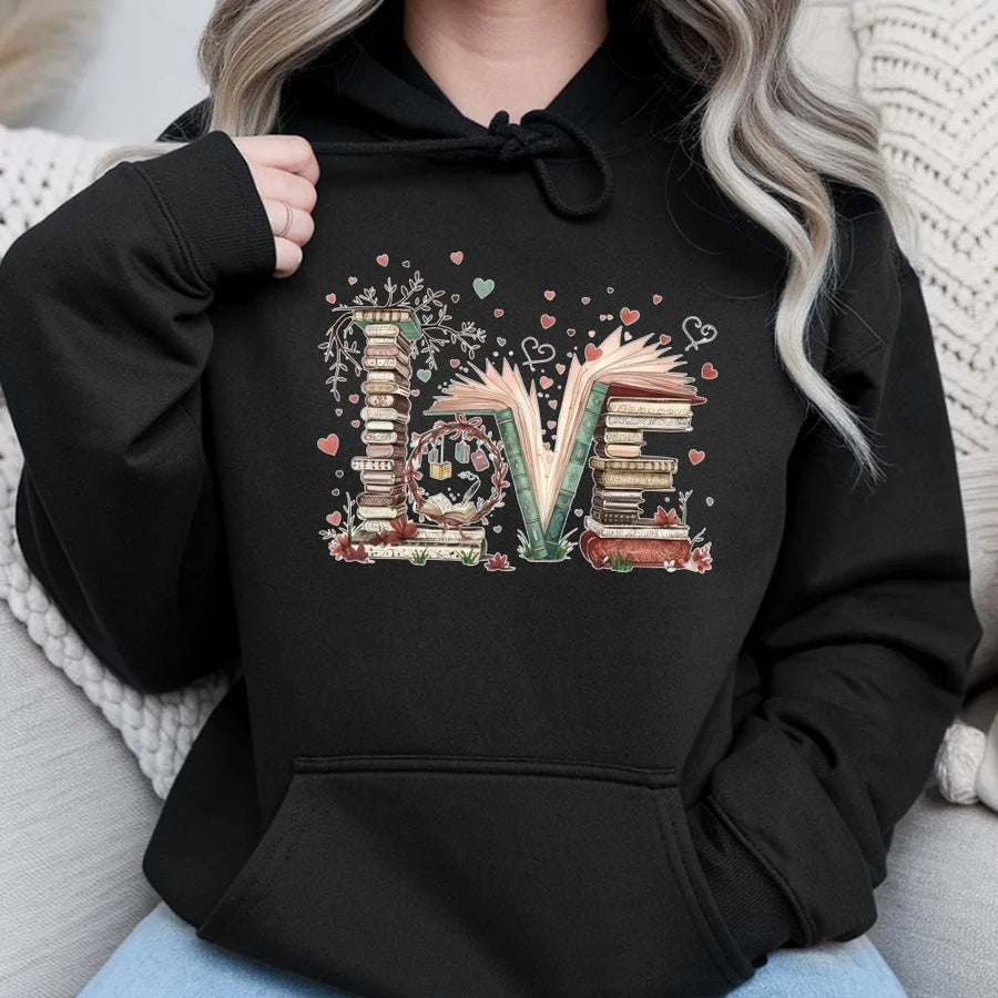 Book Lover Hoodie | Love Typography Stacked Books Graphic | Soft Cotton Blend Aesthetic | Gift for Readers Librarians Bookish Women