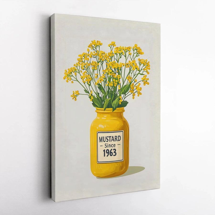 Mustard Jar Flower Canvas Print | Vintage Botanical Kitchen Art | Premium Thick Canvas | Unique Foodie & Home Cook Gift