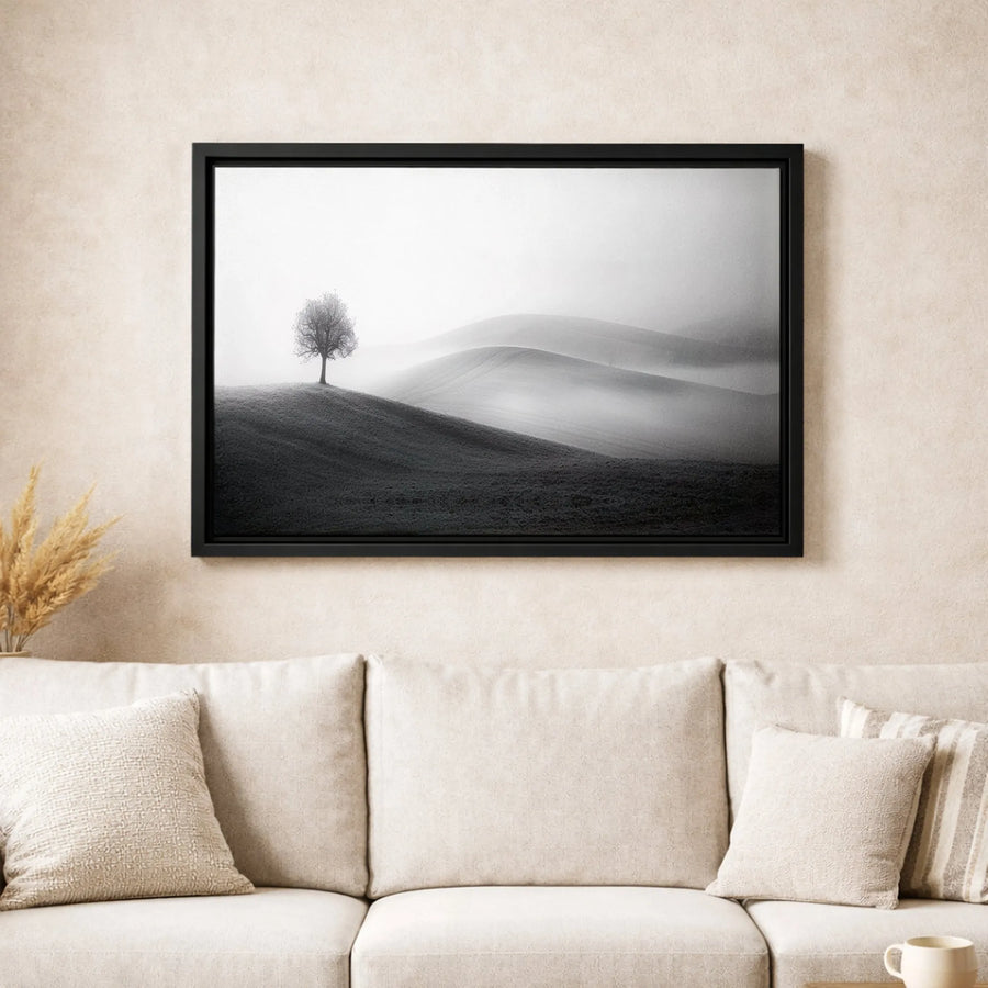 Minimalist Black and White Landscape Canvas | Solitary Tree Foggy Hill Art | Gallery Quality 1.25 inch Profile | Modern Home Office Decor Gift