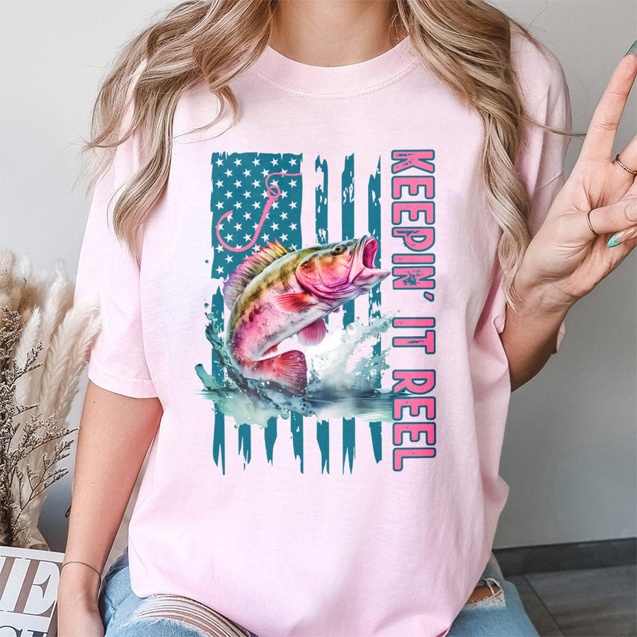 Keepin' It Reel Fishing T-Shirt | Patriotic American Flag Bass Design | Premium 100% Cotton | Country Girl Gift for Anglers