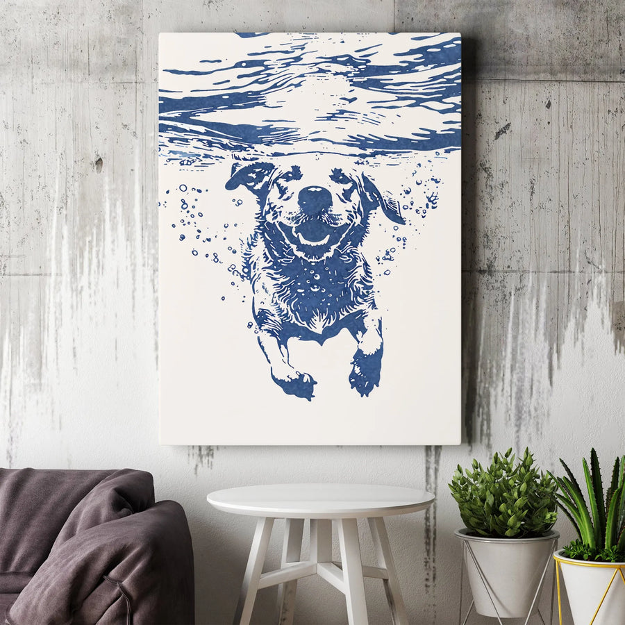 Dog Underwater Canvas Wall Art | Blue Block Print Style Portrait | Premium Gallery-Wrapped Gallery Quality | Animal Lover Home Decor Gift