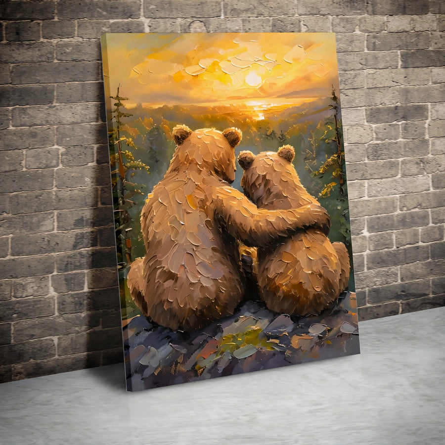Two Bears Hugging Canvas Wall Art | Impressionist Sunset Forest Print | Premium Gallery-Wrapped Decor | Nature Wildlife Gift for Animal Lovers