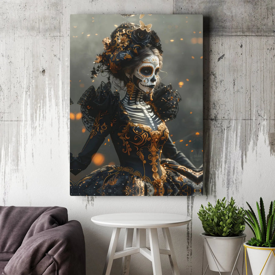 Day of the Dead Canvas Wall Art | Elegant Sugar Skull Woman in Black and Gold | Premium Gallery-Wrapped Print | Gothic Home Decor Gift