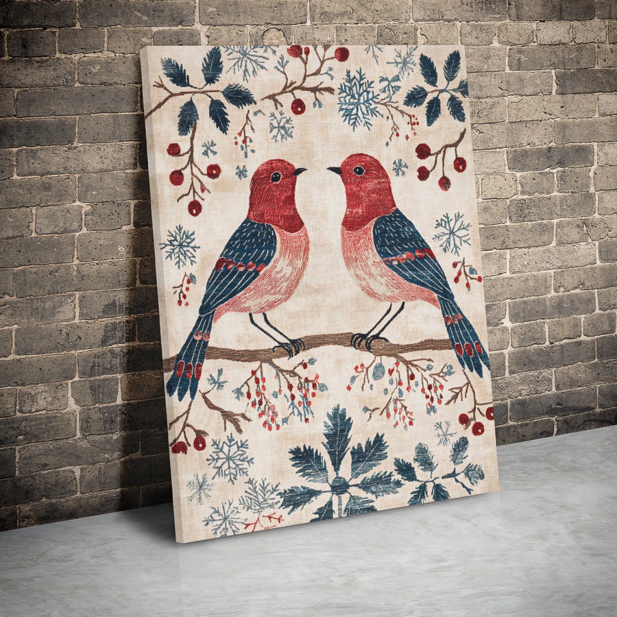 Winter Bird Canvas Art | Folk Art Holiday Decor with Snowflakes and Berries | Premium Gallery Wrap | Festive Christmas Home Wall Decor