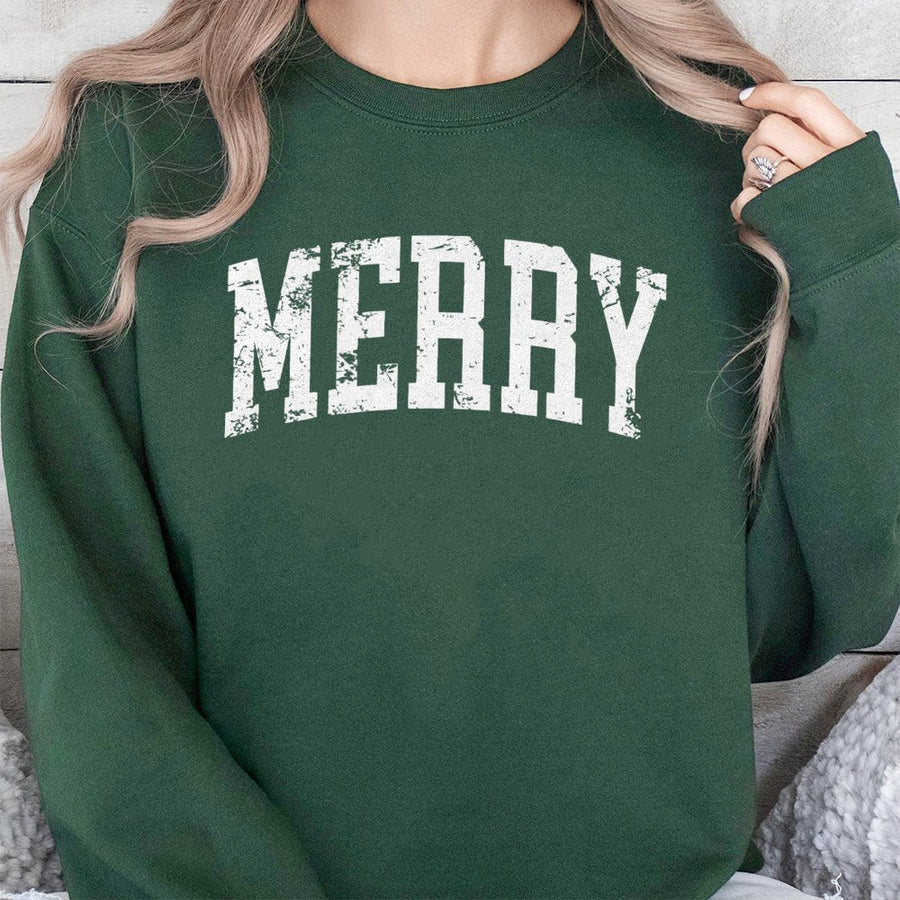 Merry Christmas Sweatshirt | Retro Varsity Font Holiday Pullover | Soft Cotton Blend Crewneck | Unisex Seasonal Gift for Family and Friends