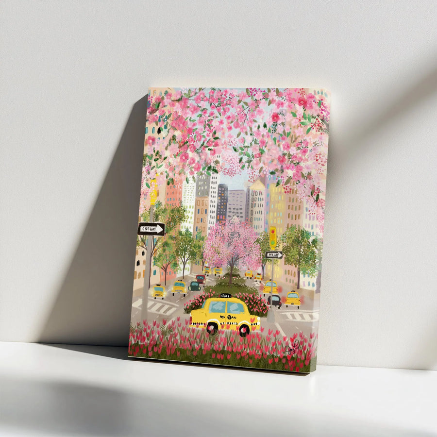 NYC Park Avenue Canvas Wall Art | Whimsical Spring Painting with Cherry Blossoms | Premium Gallery Wrapped Print | Collector's Gift for New York Lover