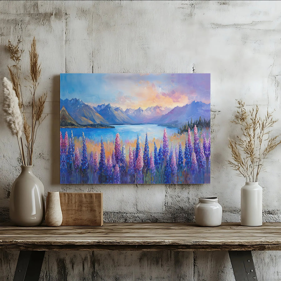 Mountain Lake Canvas Wall Art | Purple Lupine Wildflower Landscape | Gallery-Wrapped Premium Print | Nature Home Decor Gift