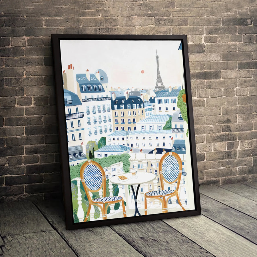 Paris Balcony Canvas Art | Eiffel Tower Cafe Illustration | Premium Gallery Wrapped Print | French Home Decor Gift