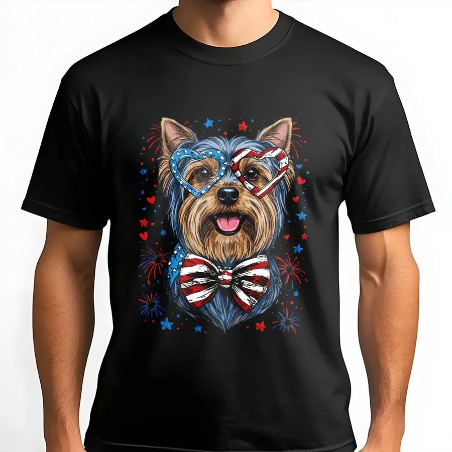 Patriotic Yorkie T-Shirt | USA Flag Sunglasses & Fireworks | Premium Cotton Blend | 4th of July Dog Lover Gift