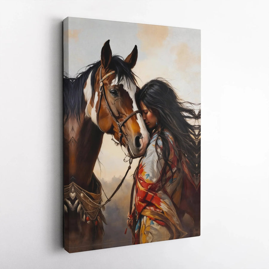 Native American Woman and Horse Canvas Print | Western Boho Wall Art | Premium Gallery Wrapped Decor | Spiritual Southwestern Gift for Home