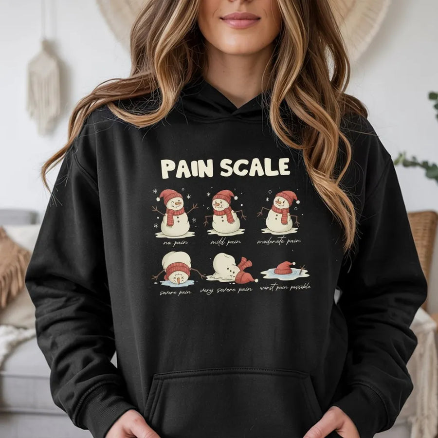 Christmas Pain Scale Hoodie | Funny Melting Snowman Graphic | Premium Cotton Blend | Nurse Gift For Holiday Season