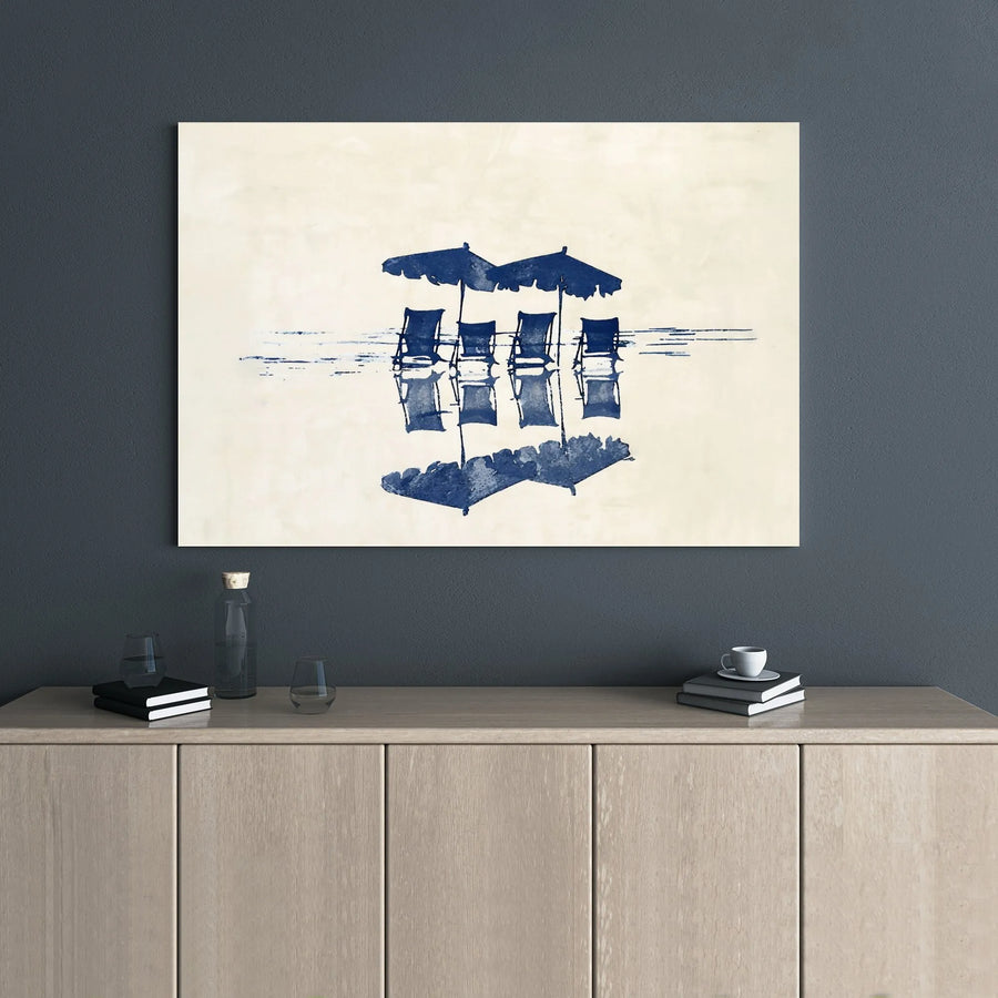 Beach Chairs Watercolor Canvas Print | Coastal Blue Umbrella Wall Art | 1.25 Inch Gallery Wrap | Serene Beach House Decor Gift