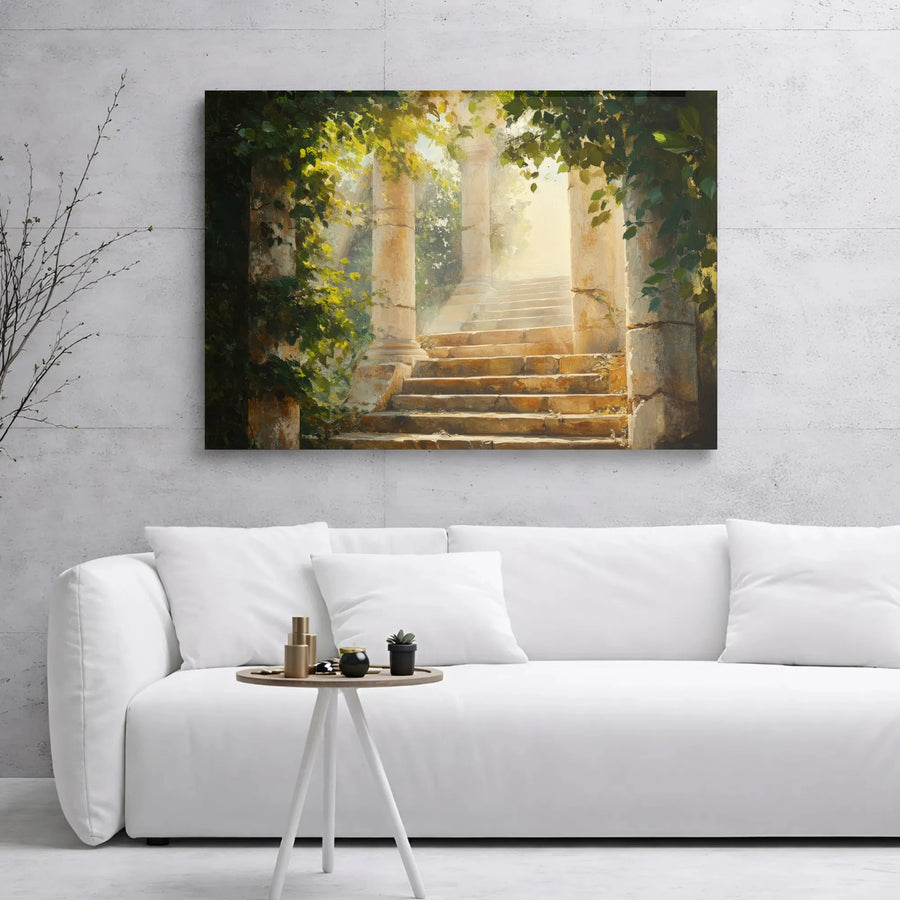 Ancient Stone Stairway Canvas Art | Sunlit Roman Ruins Garden Print | Premium Gallery Wrap Decor | Meditative Landscape Wall Hanging