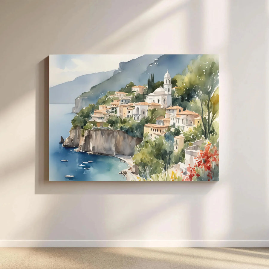 Mediterranean Seaside Village Canvas Print | Watercolor Coastal Amalfi Coast Landscape | Gallery Quality Wrapped Canvas | Travel Inspired Home Decor Wall Art