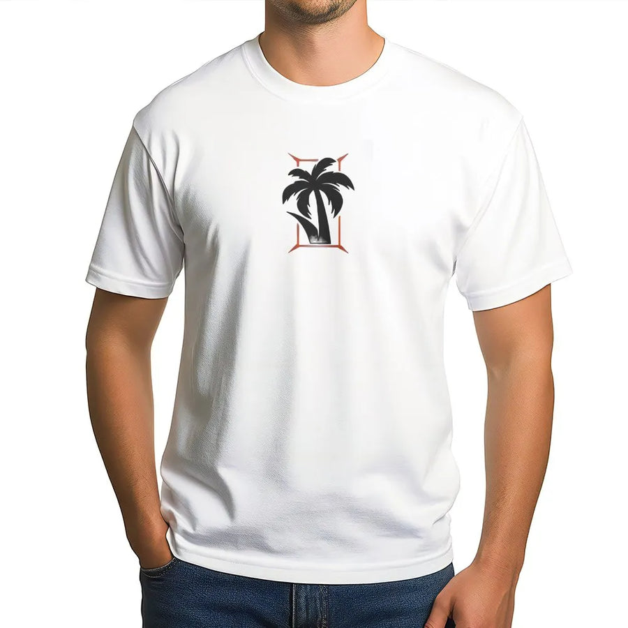 Palm Tree T-Shirt | Minimalist Tropical Graphic with Geometric Frame | Soft 100% Cotton | Unisex Summer Vacation Gift