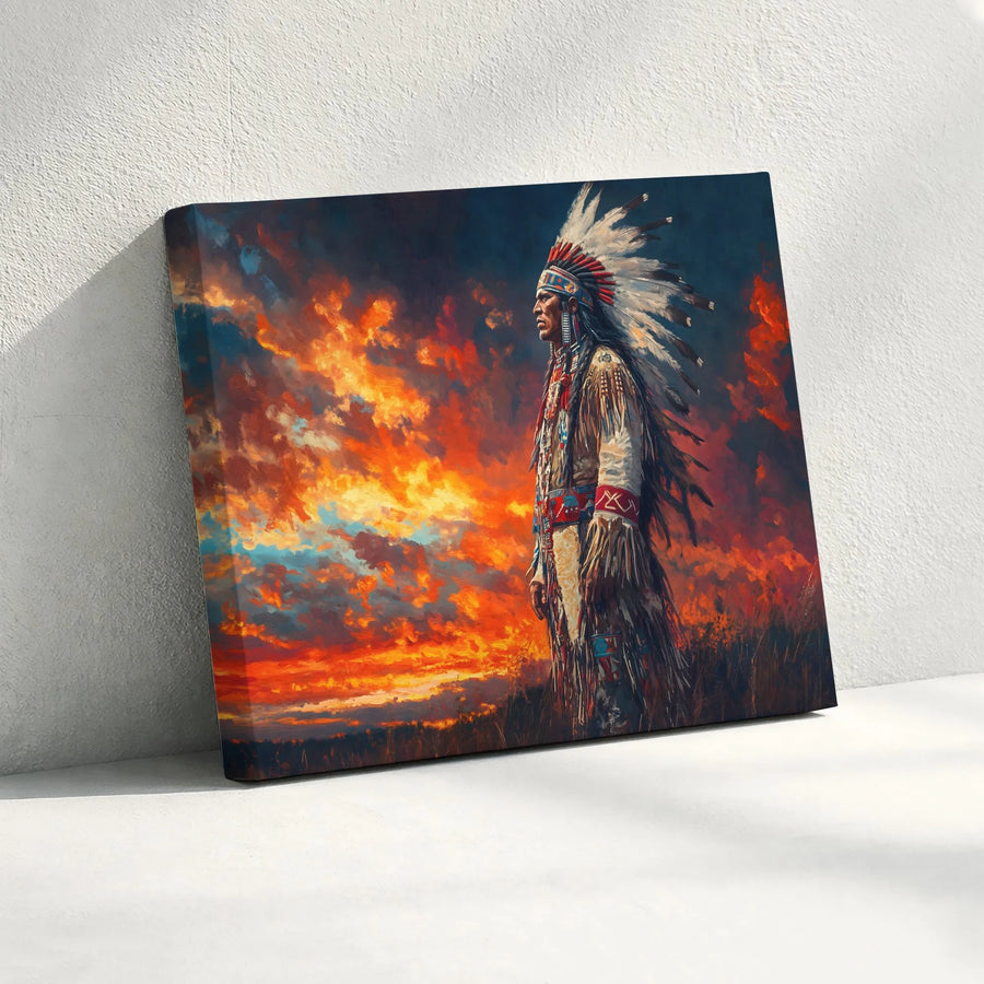Native American Chief Portrait Horizontal Canvas | Sunset War Bonnet Oil Painting Style Print | Premium Gallery Wrap Wall Art | Rustic Western Home Decor Gift