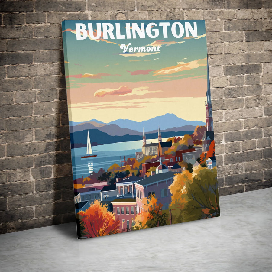 Burlington Vermont Vintage Travel Poster Vertical Canvas | Retro Lake Champlain Autumn Skyline Art | 1.25 Inch Gallery Wrap | Gift for Travelers, New England Home Decor