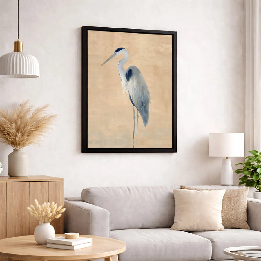 Great Blue Heron Canvas Wall Art | Minimalist Coastal Bird Illustration | Premium Gallery Wrap Print | Modern Nature Home Decor Gift
