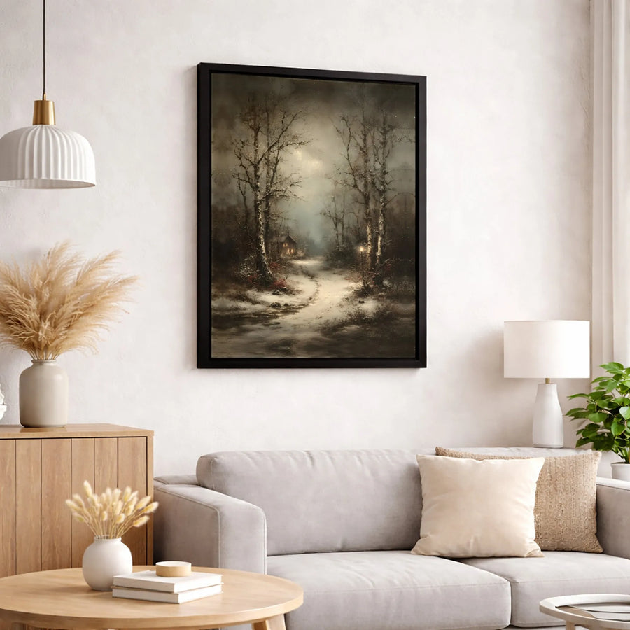 Winter Forest Canvas Wall Art | Snowy Cabin Path Night Landscape | Premium 1.25-Inch Gallery Wrap | Cozy Home Decor Christmas Gift