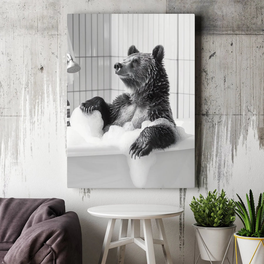 Grizzly Bear Bubble Bath Canvas Wall Art | Whimsical Bathroom Decor | Premium Gallery Wrapped Print | Funny Animal Home Gift