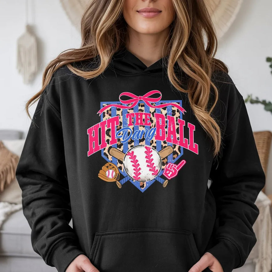 Game Day Baseball Hoodie | Coquette Leopard Print 'Hit The Dang Ball' Graphic | Soft Unisex Crewneck | Gift for Baseball Mom
