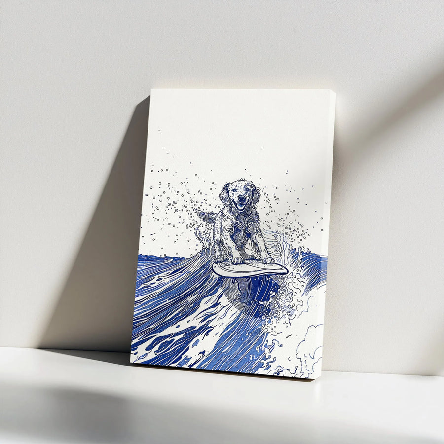 Surfing Dog Vertical Canvas | Minimalist Golden Retriever Sketch | Thick 1.25" Gallery Wrap | Premium Gift for Dog Lover, Beach House Wall Art